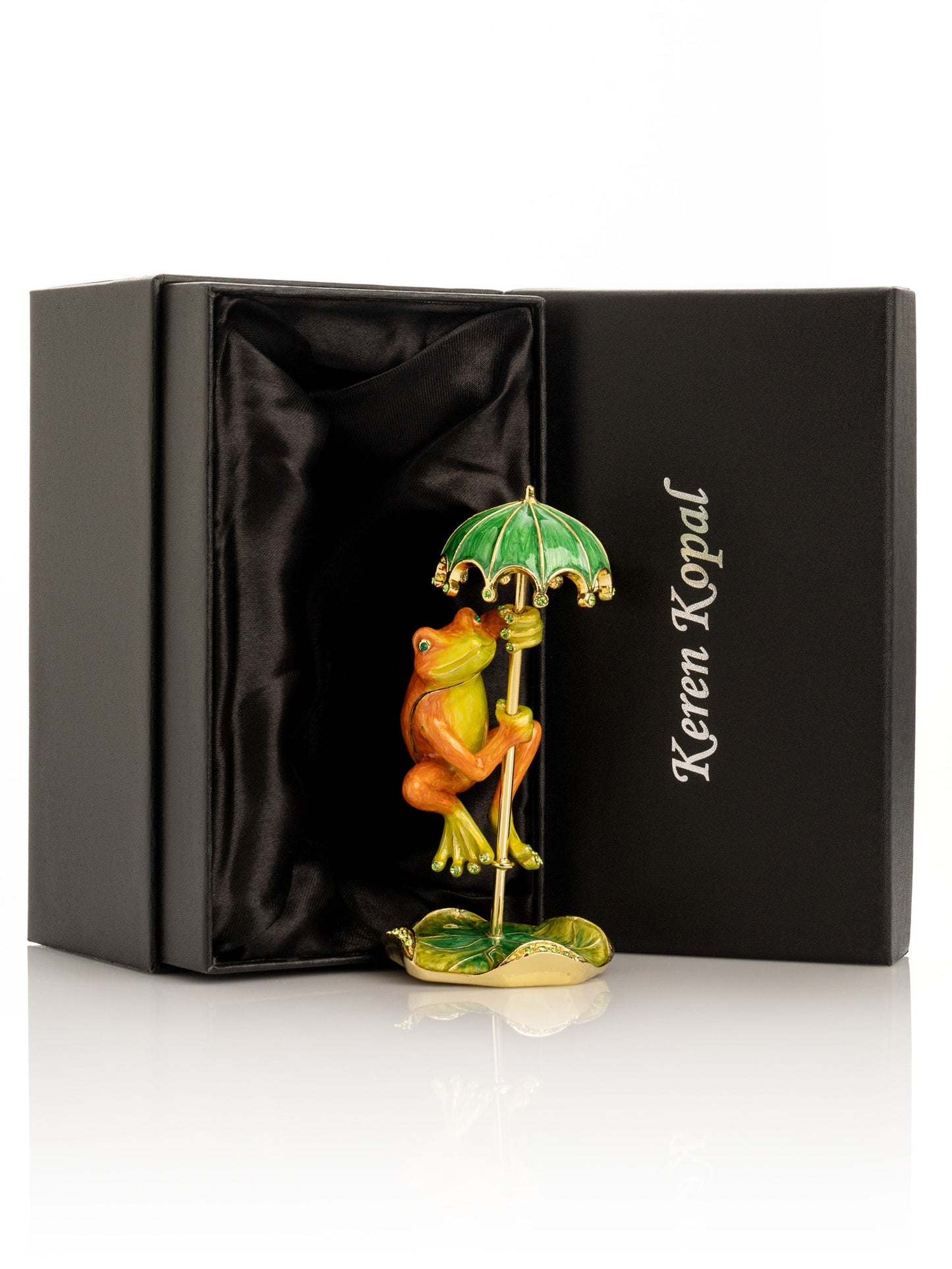 Rainy Day Orange Frog with Umbrella Trinket Box | 24k gold plated