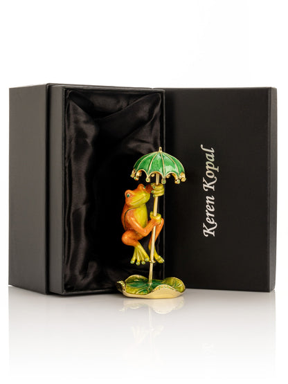 Rainy Day Orange Frog with Umbrella Trinket Box | 24k gold plated