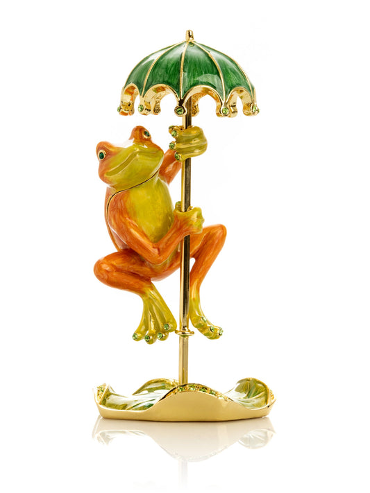 Rainy Day Orange Frog with Umbrella Trinket Box | 24k gold plated