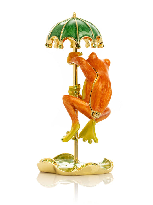 Rainy Day Orange Frog with Umbrella Trinket Box | 24k gold plated