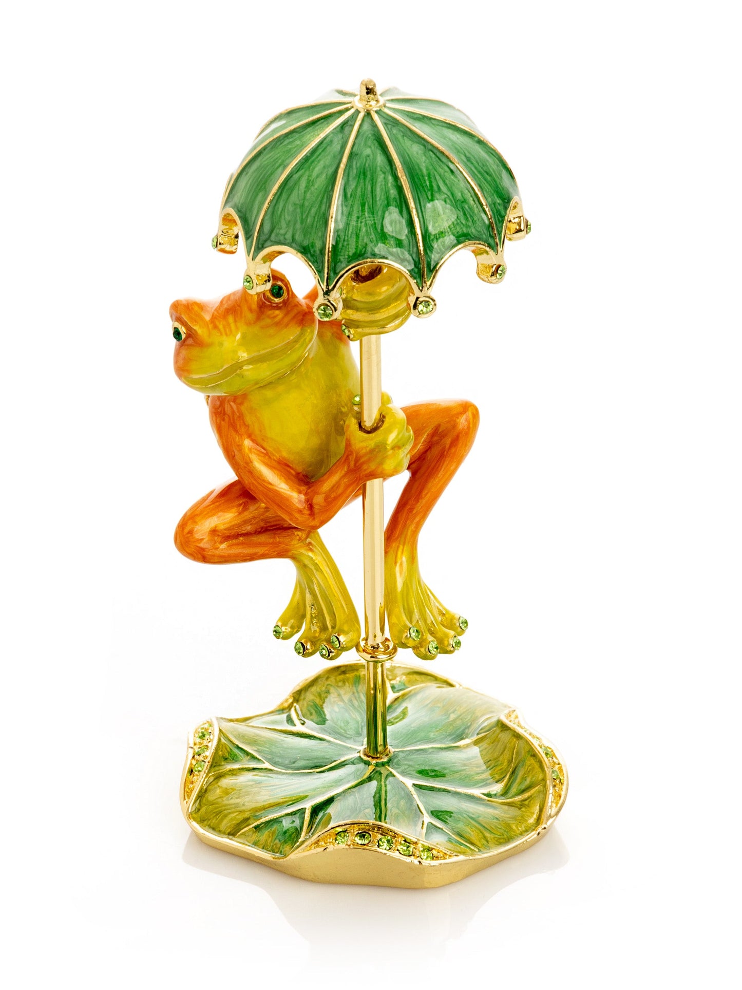 Rainy Day Orange Frog with Umbrella Trinket Box | 24k gold plated