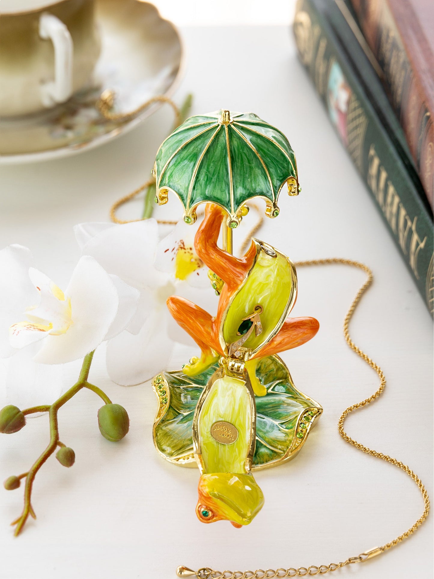 Rainy Day Orange Frog with Umbrella Trinket Box | 24k gold plated